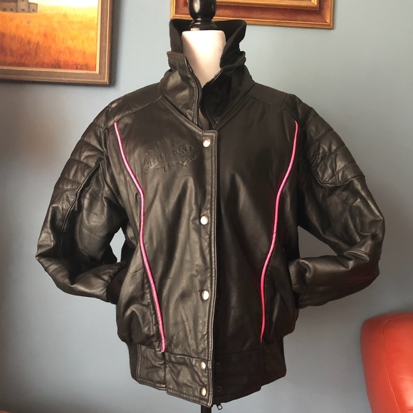 Vintage Choko black and pink real leather moto bomber jacket made in Canada EUC - Picture 1 of 15